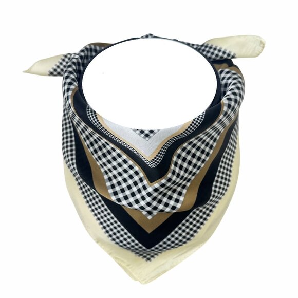 ❤️❤️Elegant Bandana Geometric Scarf Silky Satin Soft Beige Black Checkered Wrap - Picture 2 of 7
